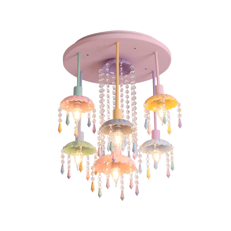 Cascade Girls Bedroom Ceiling Light Macaron Beaded Crystal 7-Light Pink Semi Flush Mount Lighting Clearhalo 'Ceiling Lights' 'Close To Ceiling Lights' 'Close to ceiling' 'Semi-flushmount' Lighting' 1432560