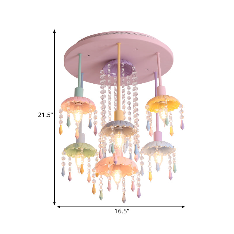 Cascade Girls Bedroom Ceiling Light Macaron Beaded Crystal 7-Light Pink Semi Flush Mount Lighting Clearhalo 'Ceiling Lights' 'Close To Ceiling Lights' 'Close to ceiling' 'Semi-flushmount' Lighting' 1432561