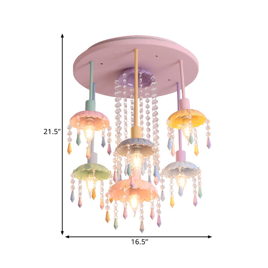 Cascade Girls Bedroom Ceiling Light Macaron Beaded Crystal 7-Light Pink Semi Flush Mount Lighting Clearhalo 'Ceiling Lights' 'Close To Ceiling Lights' 'Close to ceiling' 'Semi-flushmount' Lighting' 1432561