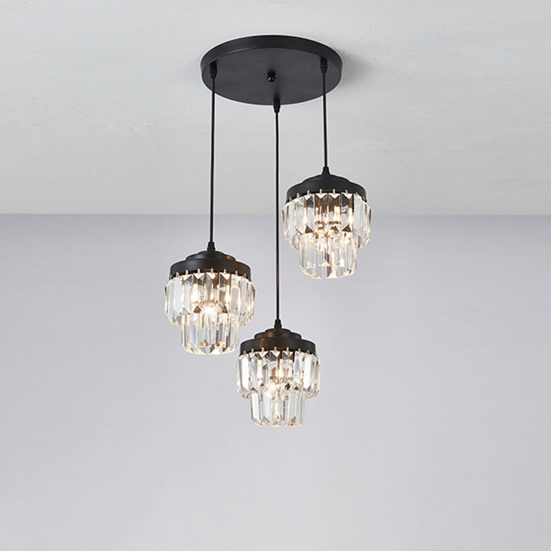 3 Heads 2-Tier Cluster Pendant Modern Black Clear Crystal Prism Hanging Lamp with Round/Linear Canopy Black Round Clearhalo 'Ceiling Lights' 'Modern Pendants' 'Modern' 'Pendant Lights' 'Pendants' Lighting' 1432571