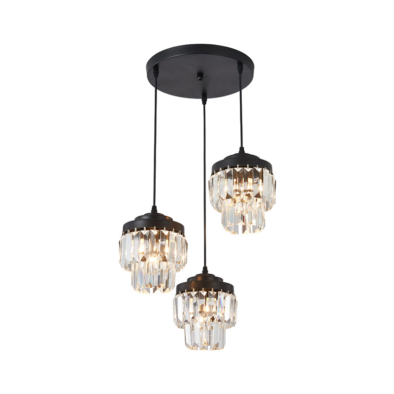 3 Heads 2-Tier Cluster Pendant Modern Black Clear Crystal Prism Hanging Lamp with Round/Linear Canopy Clearhalo 'Ceiling Lights' 'Modern Pendants' 'Modern' 'Pendant Lights' 'Pendants' Lighting' 1432572