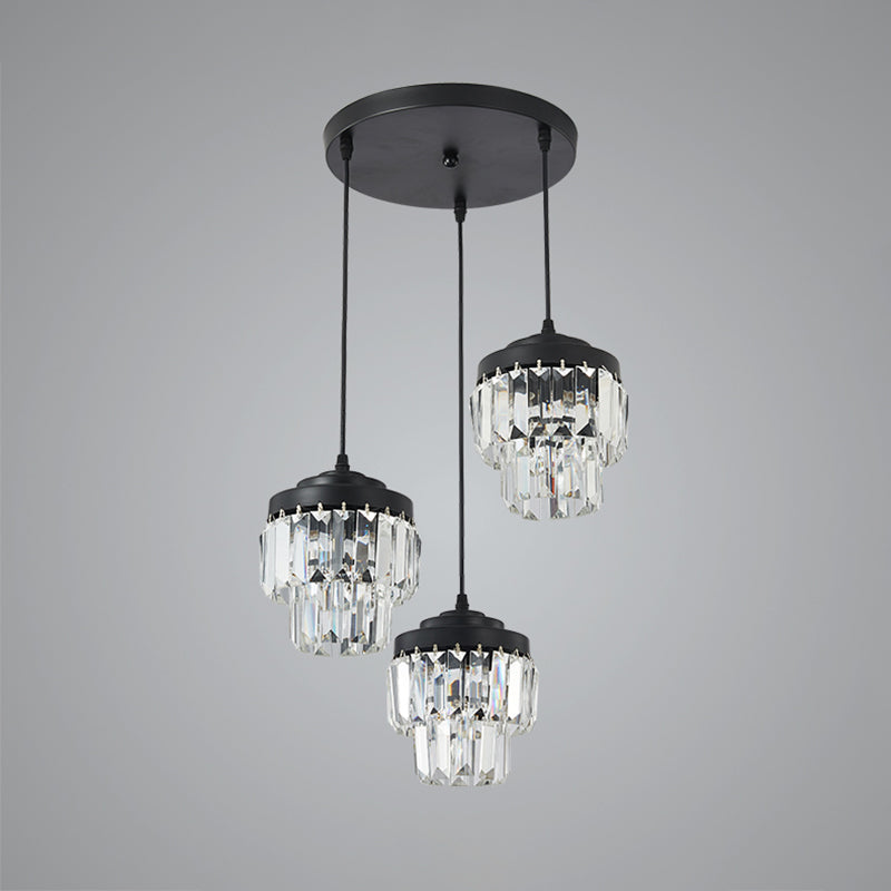 3 Heads 2-Tier Cluster Pendant Modern Black Clear Crystal Prism Hanging Lamp with Round/Linear Canopy Clearhalo 'Ceiling Lights' 'Modern Pendants' 'Modern' 'Pendant Lights' 'Pendants' Lighting' 1432573