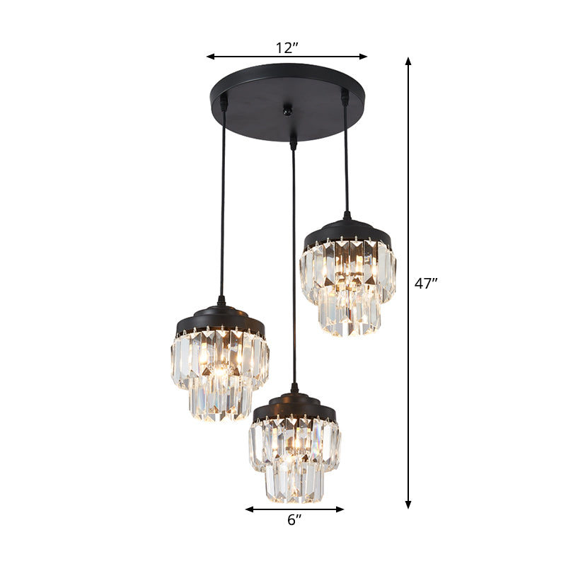 3 Heads 2-Tier Cluster Pendant Modern Black Clear Crystal Prism Hanging Lamp with Round/Linear Canopy Clearhalo 'Ceiling Lights' 'Modern Pendants' 'Modern' 'Pendant Lights' 'Pendants' Lighting' 1432574