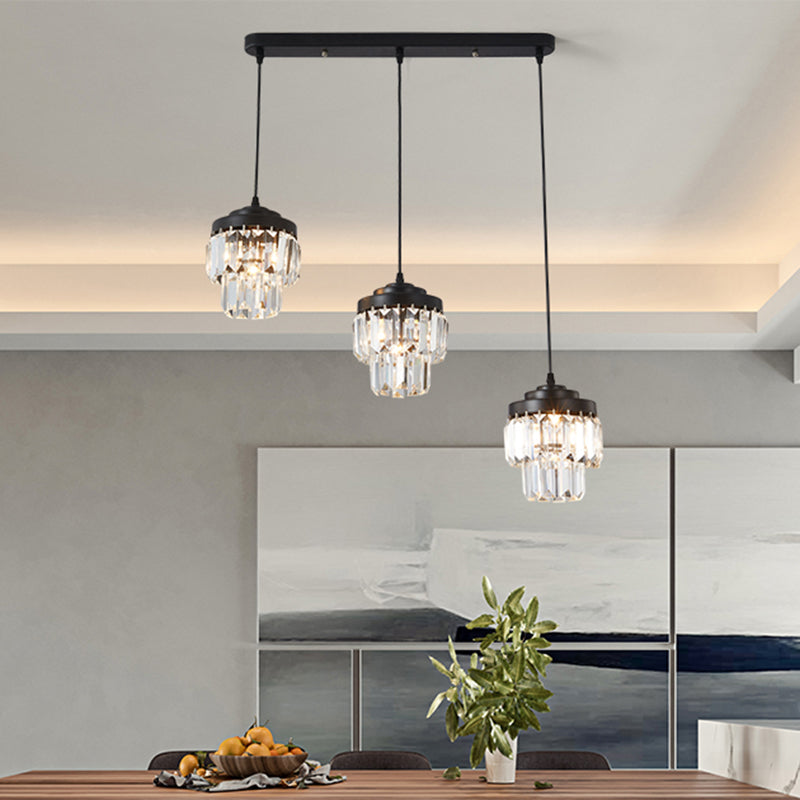 3 Heads 2-Tier Cluster Pendant Modern Black Clear Crystal Prism Hanging Lamp with Round/Linear Canopy Clearhalo 'Ceiling Lights' 'Modern Pendants' 'Modern' 'Pendant Lights' 'Pendants' Lighting' 1432576