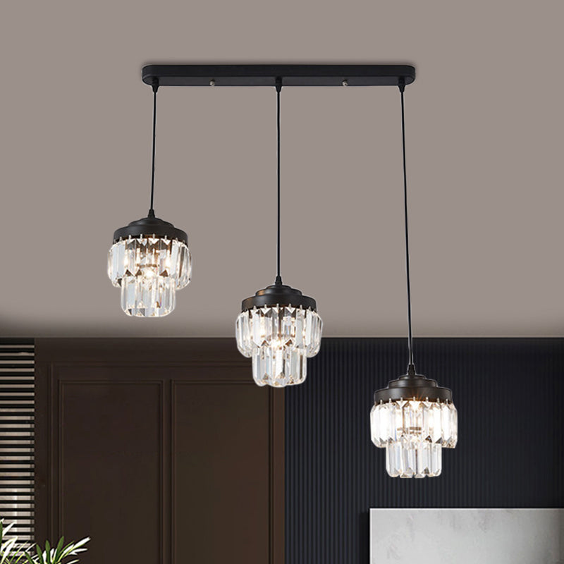 3 Heads 2-Tier Cluster Pendant Modern Black Clear Crystal Prism Hanging Lamp with Round/Linear Canopy Clearhalo 'Ceiling Lights' 'Modern Pendants' 'Modern' 'Pendant Lights' 'Pendants' Lighting' 1432577