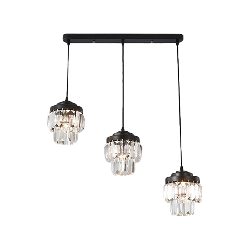 3 Heads 2-Tier Cluster Pendant Modern Black Clear Crystal Prism Hanging Lamp with Round/Linear Canopy Clearhalo 'Ceiling Lights' 'Modern Pendants' 'Modern' 'Pendant Lights' 'Pendants' Lighting' 1432578