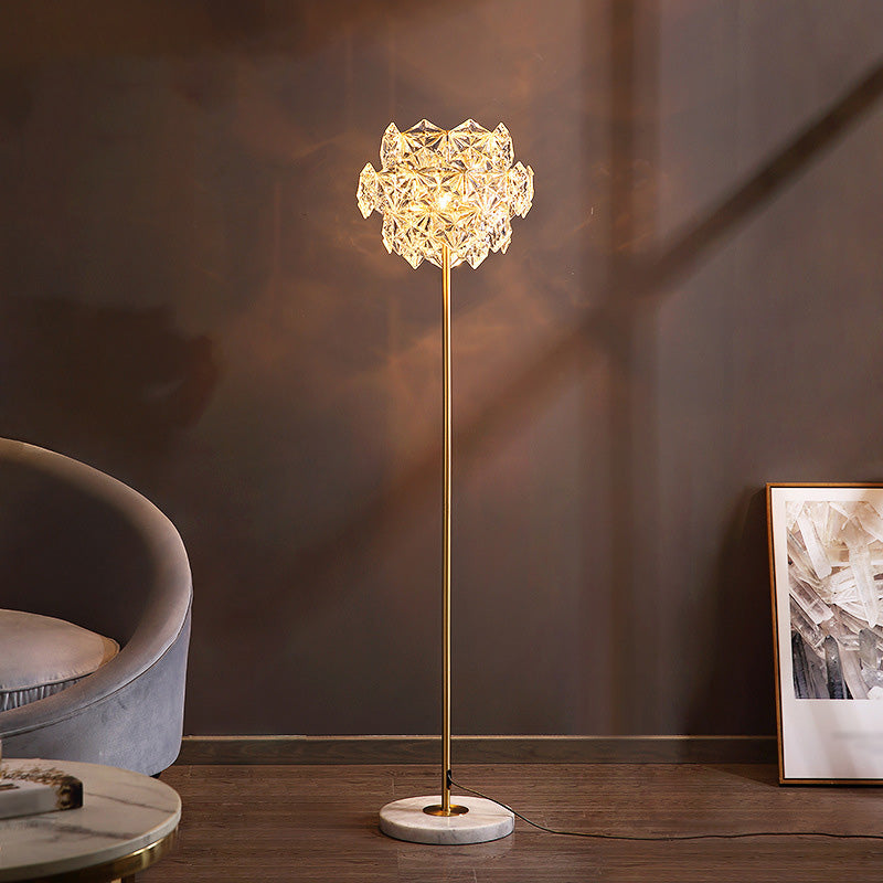 Tiered Snowflake Clear Crystal Floor Lamp Postmodern 3-Bulb Living Room Standing Light in Brass Clear Clearhalo 'Floor Lamps' 'Lamps' Lighting' 1432613