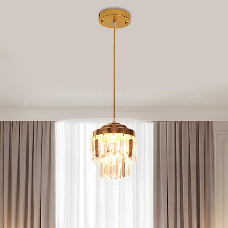 2 Tiers Crystal Pendant Light Modern 1 Bulb Corridor Ceiling Suspension Lamp in Black/Gold Gold Clearhalo 'Ceiling Lights' 'Modern Pendants' 'Modern' 'Pendant Lights' 'Pendants' Lighting' 1432625