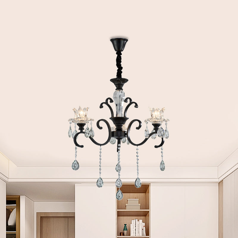 3/6 Heads Swirled Arm Chandelier Traditional Black Metal Hanging Lamp with Clear Crystal Tulip Shade Clearhalo 'Ceiling Lights' 'Chandeliers' Lighting' options 1432641