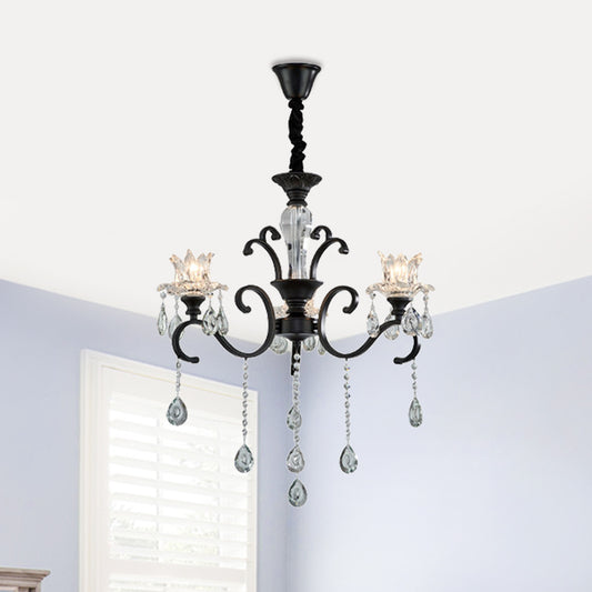 3/6 Heads Swirled Arm Chandelier Traditional Black Metal Hanging Lamp with Clear Crystal Tulip Shade Clearhalo 'Ceiling Lights' 'Chandeliers' Lighting' options 1432642