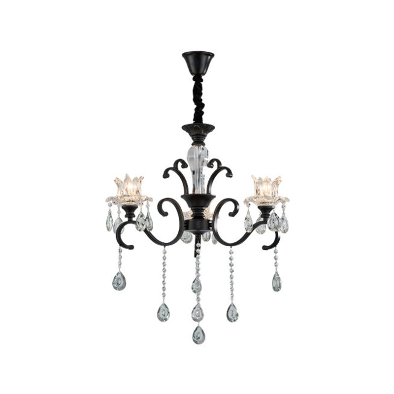 3/6 Heads Swirled Arm Chandelier Traditional Black Metal Hanging Lamp with Clear Crystal Tulip Shade Clearhalo 'Ceiling Lights' 'Chandeliers' Lighting' options 1432643