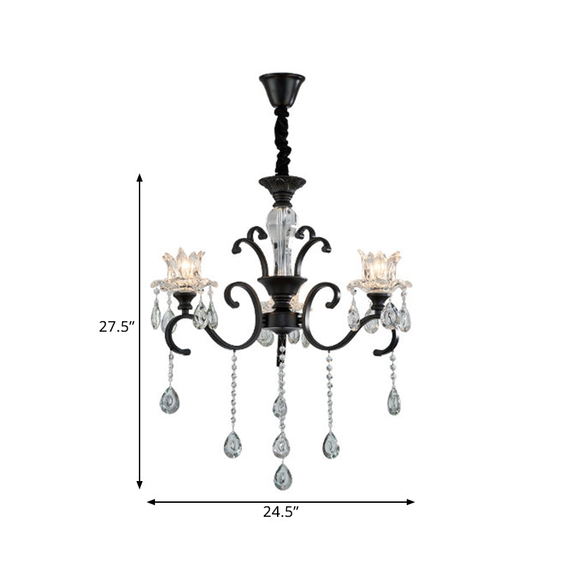 3/6 Heads Swirled Arm Chandelier Traditional Black Metal Hanging Lamp with Clear Crystal Tulip Shade Clearhalo 'Ceiling Lights' 'Chandeliers' Lighting' options 1432644