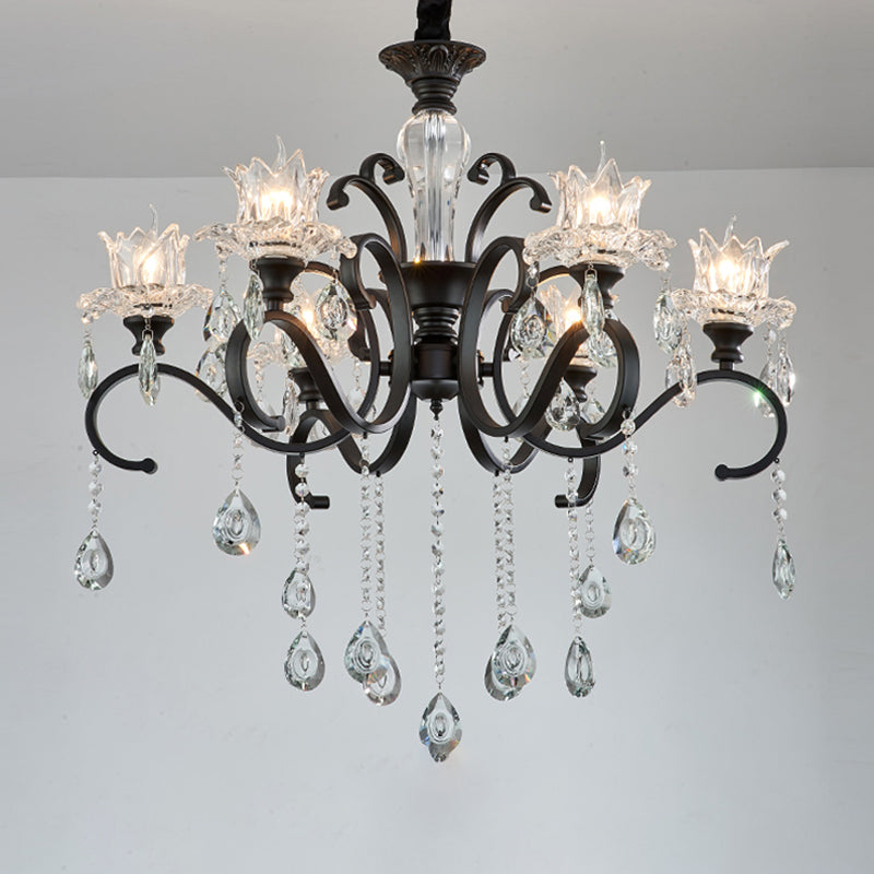 3/6 Heads Swirled Arm Chandelier Traditional Black Metal Hanging Lamp with Clear Crystal Tulip Shade Clearhalo 'Ceiling Lights' 'Chandeliers' Lighting' options 1432645