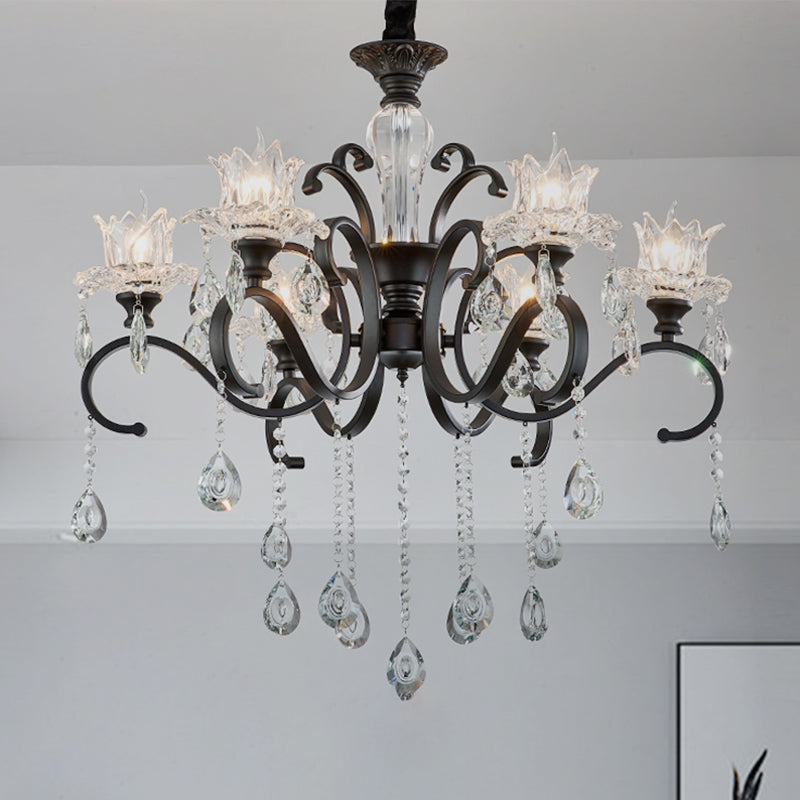 3/6 Heads Swirled Arm Chandelier Traditional Black Metal Hanging Lamp with Clear Crystal Tulip Shade Clearhalo 'Ceiling Lights' 'Chandeliers' Lighting' options 1432646