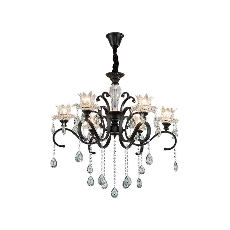 3/6 Heads Swirled Arm Chandelier Traditional Black Metal Hanging Lamp with Clear Crystal Tulip Shade Clearhalo 'Ceiling Lights' 'Chandeliers' Lighting' options 1432647