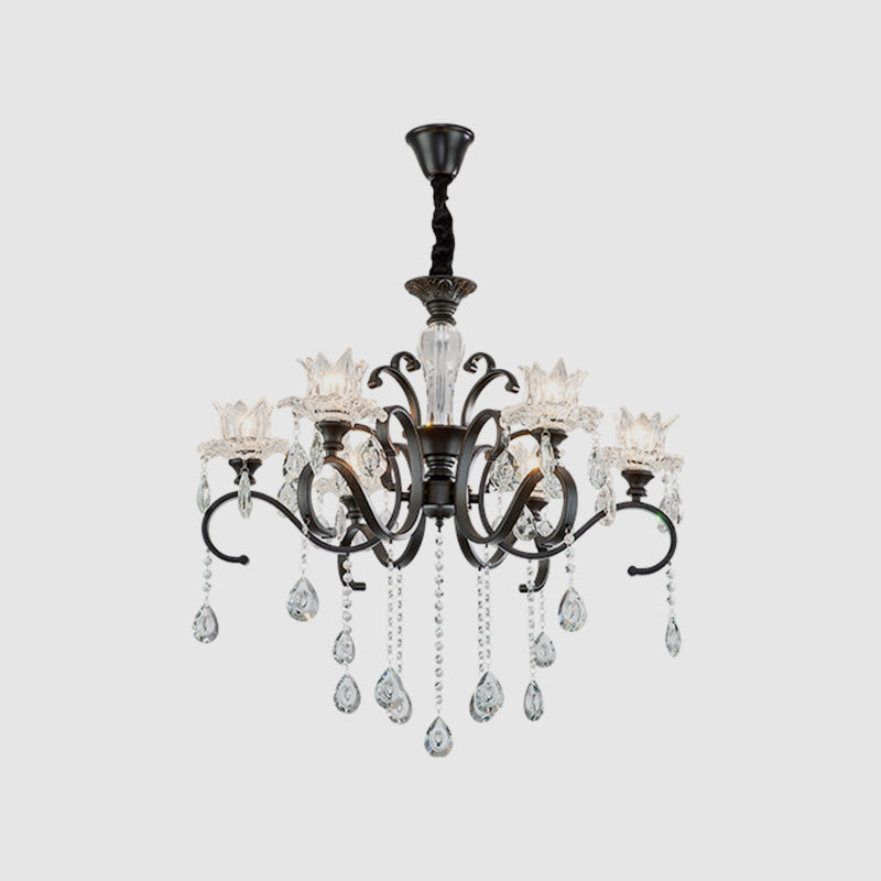 3/6 Heads Swirled Arm Chandelier Traditional Black Metal Hanging Lamp with Clear Crystal Tulip Shade Clearhalo 'Ceiling Lights' 'Chandeliers' Lighting' options 1432648