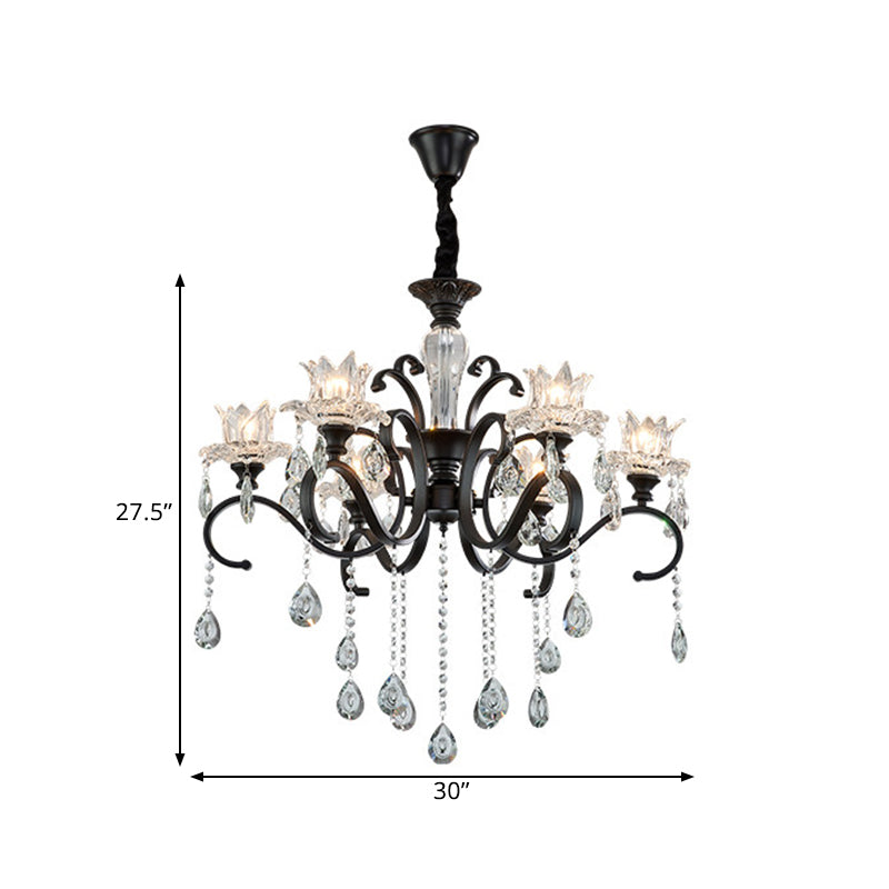 3/6 Heads Swirled Arm Chandelier Traditional Black Metal Hanging Lamp with Clear Crystal Tulip Shade Clearhalo 'Ceiling Lights' 'Chandeliers' Lighting' options 1432649