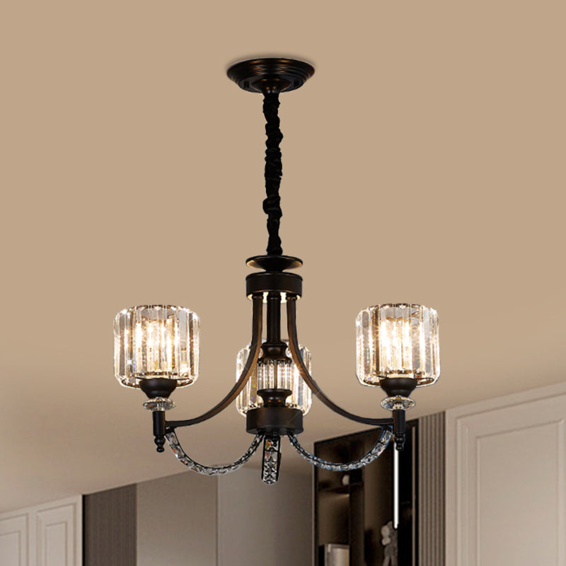 3/6 Bulbs Suspension Light Traditional Cylindrical Shade Clear Crystal Ceiling Chandelier with Black Arm Clearhalo 'Ceiling Lights' 'Chandeliers' Lighting' options 1432659