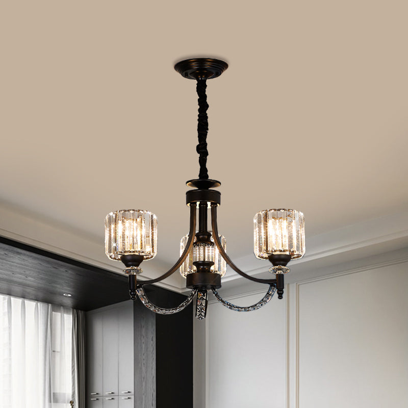 3/6 Bulbs Suspension Light Traditional Cylindrical Shade Clear Crystal Ceiling Chandelier with Black Arm Clearhalo 'Ceiling Lights' 'Chandeliers' Lighting' options 1432660