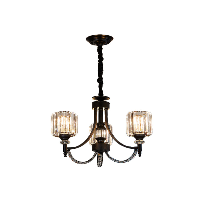 3/6 Bulbs Suspension Light Traditional Cylindrical Shade Clear Crystal Ceiling Chandelier with Black Arm Clearhalo 'Ceiling Lights' 'Chandeliers' Lighting' options 1432661