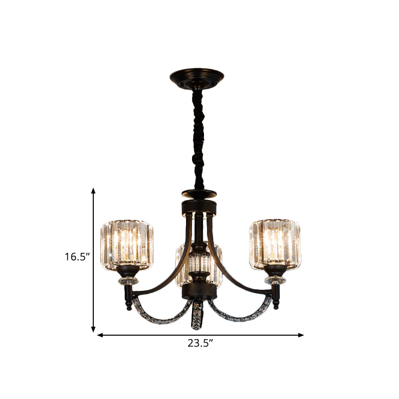 3/6 Bulbs Suspension Light Traditional Cylindrical Shade Clear Crystal Ceiling Chandelier with Black Arm Clearhalo 'Ceiling Lights' 'Chandeliers' Lighting' options 1432662