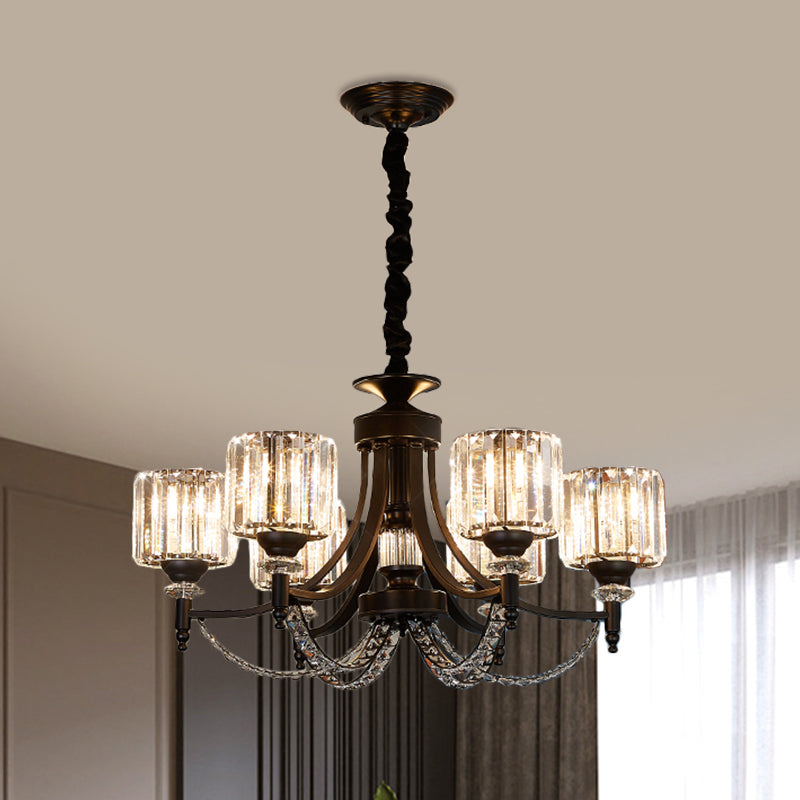 3/6 Bulbs Suspension Light Traditional Cylindrical Shade Clear Crystal Ceiling Chandelier with Black Arm Clearhalo 'Ceiling Lights' 'Chandeliers' Lighting' options 1432663