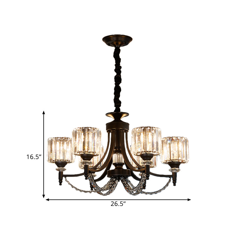 3/6 Bulbs Suspension Light Traditional Cylindrical Shade Clear Crystal Ceiling Chandelier with Black Arm Clearhalo 'Ceiling Lights' 'Chandeliers' Lighting' options 1432667