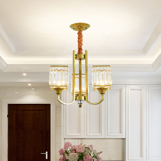 Cubic Shade Clear Crystal Ceiling Pendant Contemporary 3/6 Bulbs Dinning Room Chandelier with Gold Arm 3 Gold Clearhalo 'Ceiling Lights' 'Chandeliers' 'Modern Chandeliers' 'Modern' Lighting' 1432687