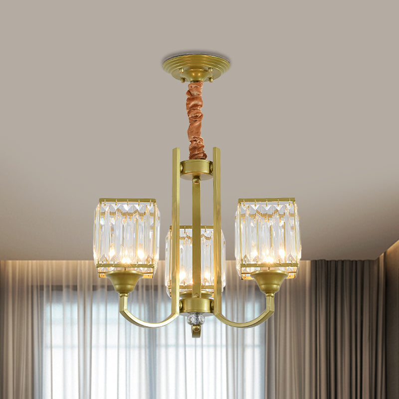 Cubic Shade Clear Crystal Ceiling Pendant Contemporary 3/6 Bulbs Dinning Room Chandelier with Gold Arm Clearhalo 'Ceiling Lights' 'Chandeliers' 'Modern Chandeliers' 'Modern' Lighting' 1432688