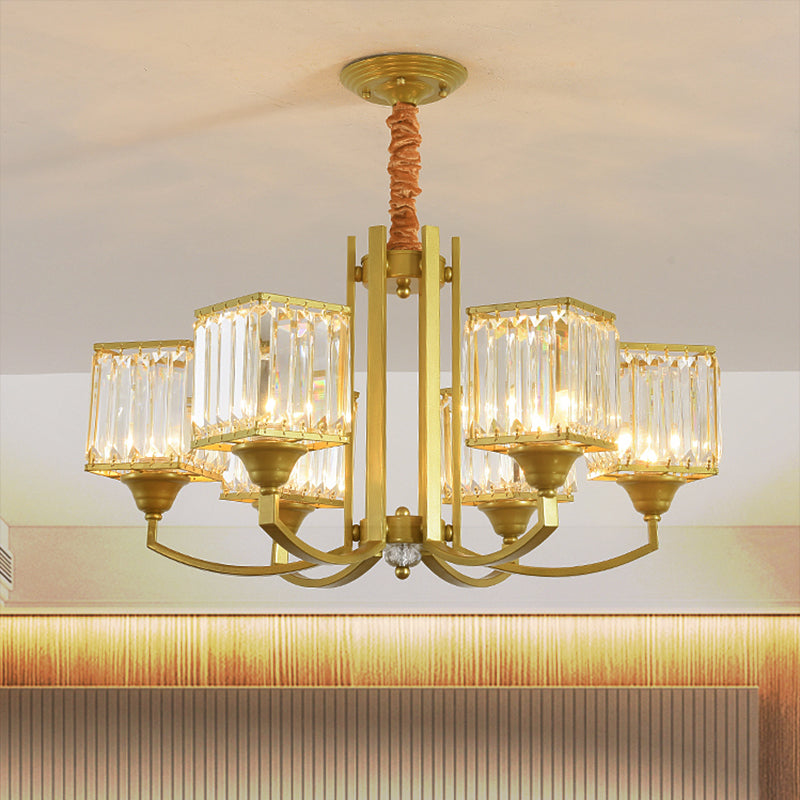 Cubic Shade Clear Crystal Ceiling Pendant Contemporary 3/6 Bulbs Dinning Room Chandelier with Gold Arm Clearhalo 'Ceiling Lights' 'Chandeliers' 'Modern Chandeliers' 'Modern' Lighting' 1432692