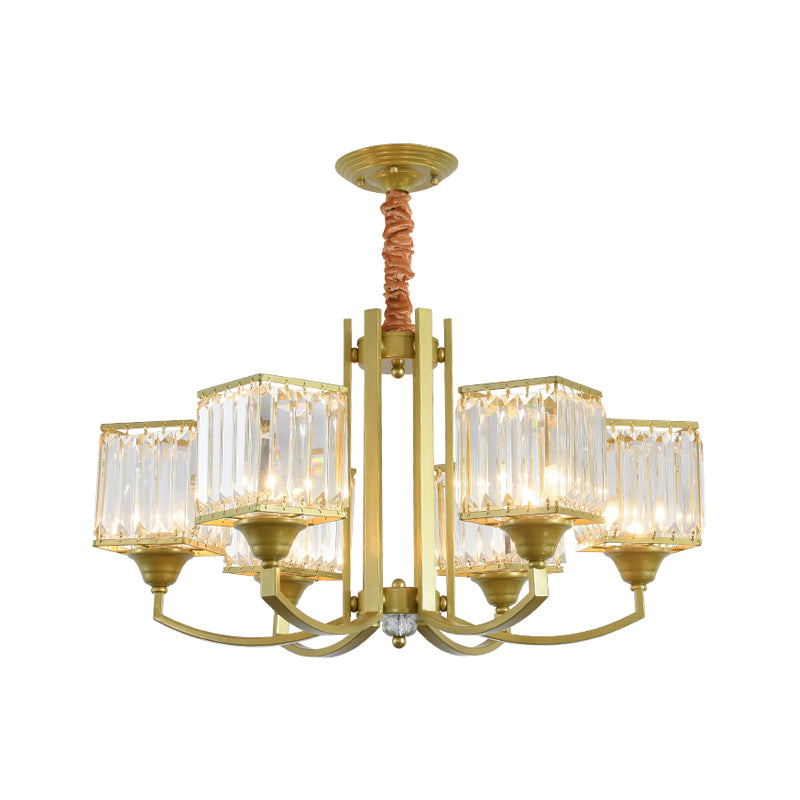 Cubic Shade Clear Crystal Ceiling Pendant Contemporary 3/6 Bulbs Dinning Room Chandelier with Gold Arm Clearhalo 'Ceiling Lights' 'Chandeliers' 'Modern Chandeliers' 'Modern' Lighting' 1432693