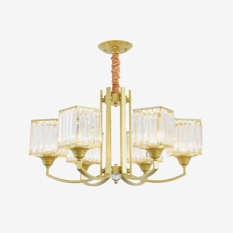 Cubic Shade Clear Crystal Ceiling Pendant Contemporary 3/6 Bulbs Dinning Room Chandelier with Gold Arm Clearhalo 'Ceiling Lights' 'Chandeliers' 'Modern Chandeliers' 'Modern' Lighting' 1432694