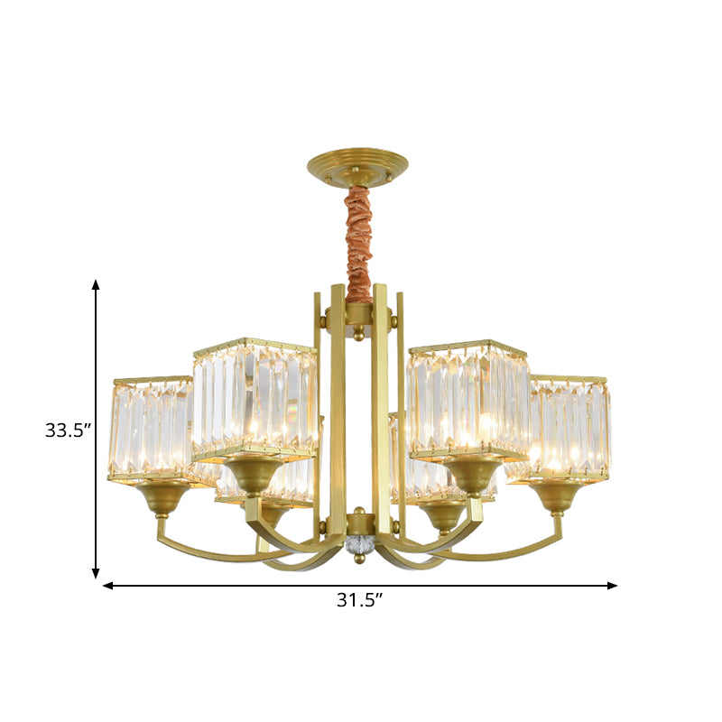 Cubic Shade Clear Crystal Ceiling Pendant Contemporary 3/6 Bulbs Dinning Room Chandelier with Gold Arm Clearhalo 'Ceiling Lights' 'Chandeliers' 'Modern Chandeliers' 'Modern' Lighting' 1432695