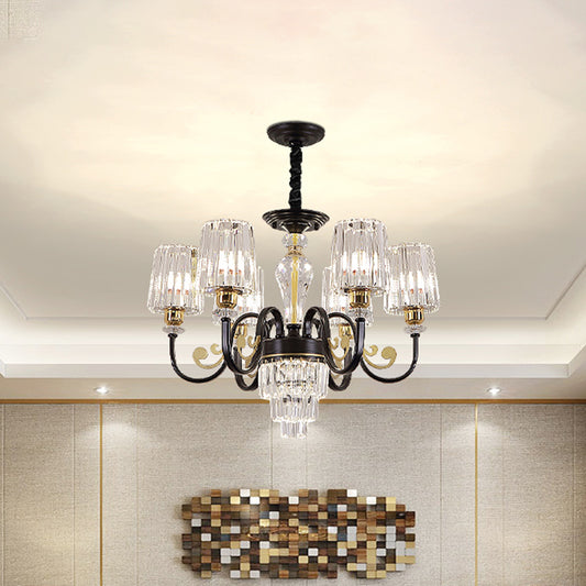 Black 6 Heads Chandelier Light Modern Metal Curvy Arm Hanging Light Fixture with Clear Cylinder Shade Black Clearhalo 'Ceiling Lights' 'Chandeliers' 'Modern Chandeliers' 'Modern' Lighting' 1432696