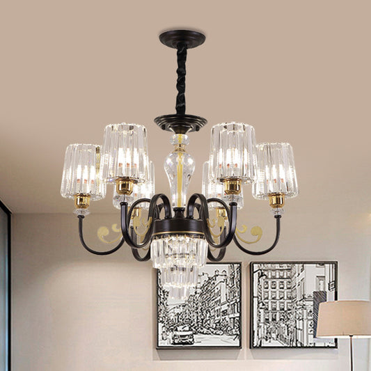 Black 6 Heads Chandelier Light Modern Metal Curvy Arm Hanging Light Fixture with Clear Cylinder Shade Clearhalo 'Ceiling Lights' 'Chandeliers' 'Modern Chandeliers' 'Modern' Lighting' 1432697
