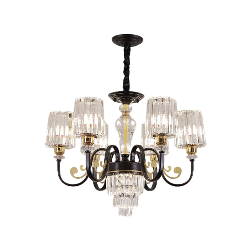 Black 6 Heads Chandelier Light Modern Metal Curvy Arm Hanging Light Fixture with Clear Cylinder Shade Clearhalo 'Ceiling Lights' 'Chandeliers' 'Modern Chandeliers' 'Modern' Lighting' 1432698