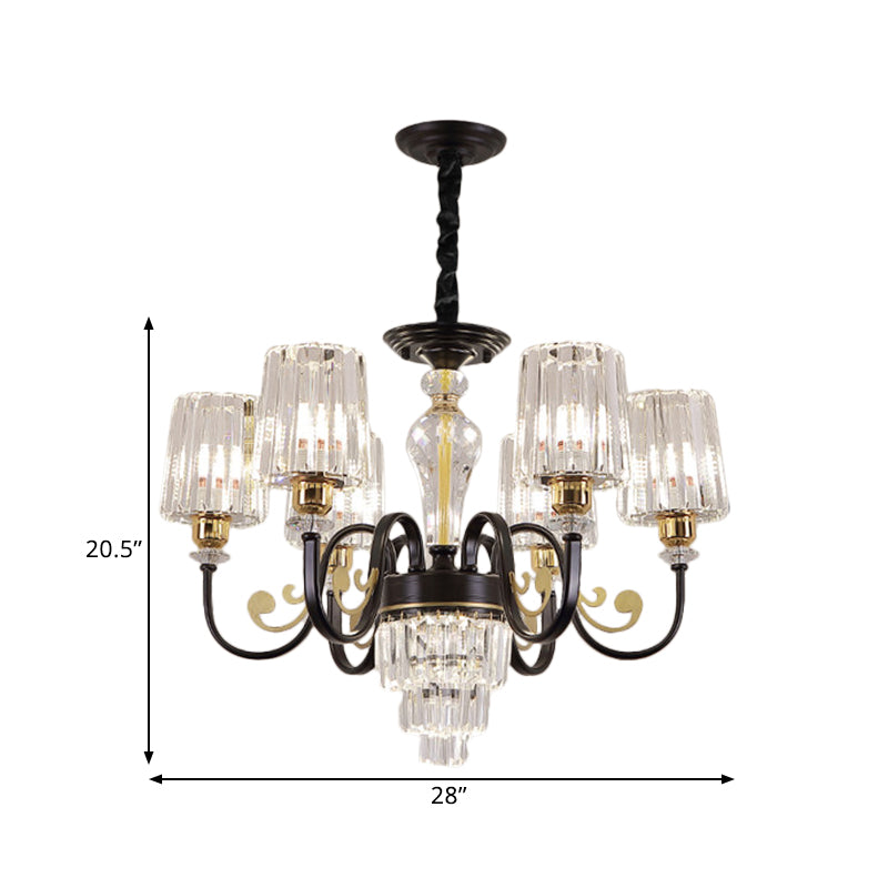 Black 6 Heads Chandelier Light Modern Metal Curvy Arm Hanging Light Fixture with Clear Cylinder Shade Clearhalo 'Ceiling Lights' 'Chandeliers' 'Modern Chandeliers' 'Modern' Lighting' 1432699