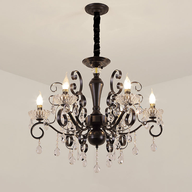 Clear Crystal Candelabra Suspension Pendant Traditional 6/8 Bulbs Parlor Chandelier with Droplets and Black Scroll Arms Clearhalo 'Ceiling Lights' 'Chandeliers' Lighting' options 1432708