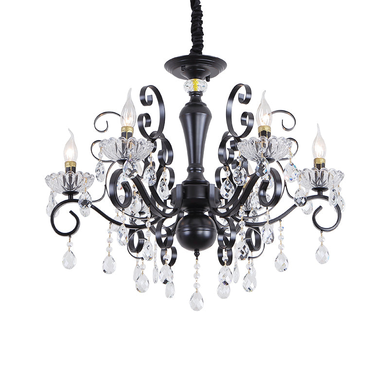 Clear Crystal Candelabra Suspension Pendant Traditional 6/8 Bulbs Parlor Chandelier with Droplets and Black Scroll Arms Clearhalo 'Ceiling Lights' 'Chandeliers' Lighting' options 1432709