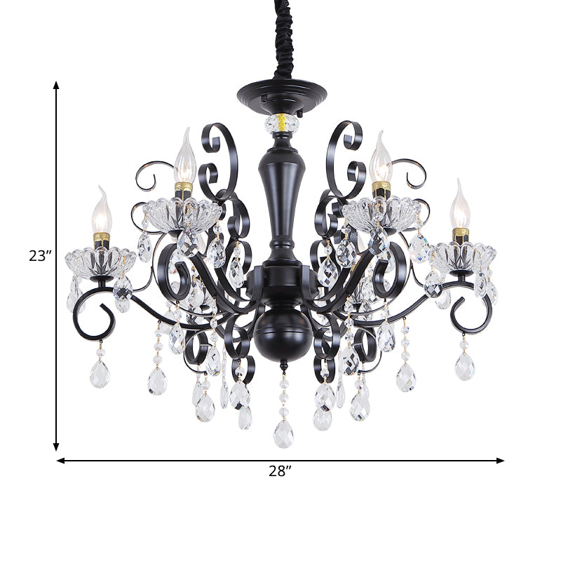 Clear Crystal Candelabra Suspension Pendant Traditional 6/8 Bulbs Parlor Chandelier with Droplets and Black Scroll Arms Clearhalo 'Ceiling Lights' 'Chandeliers' Lighting' options 1432710