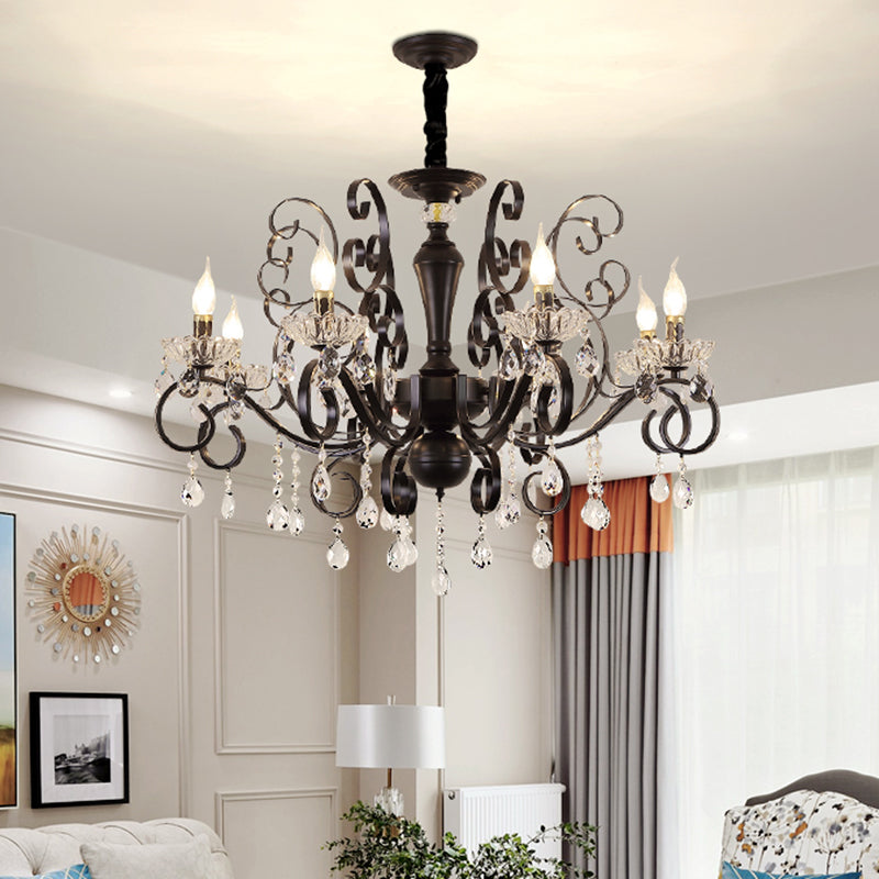 Clear Crystal Candelabra Suspension Pendant Traditional 6/8 Bulbs Parlor Chandelier with Droplets and Black Scroll Arms 8 Black Clearhalo 'Ceiling Lights' 'Chandeliers' Lighting' options 1432711_80f1ec9b-e958-4e05-b0e5-f305f5109282