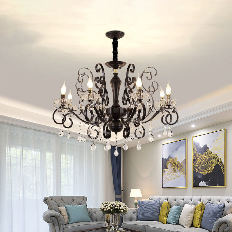 Clear Crystal Candelabra Suspension Pendant Traditional 6/8 Bulbs Parlor Chandelier with Droplets and Black Scroll Arms Clearhalo 'Ceiling Lights' 'Chandeliers' Lighting' options 1432712