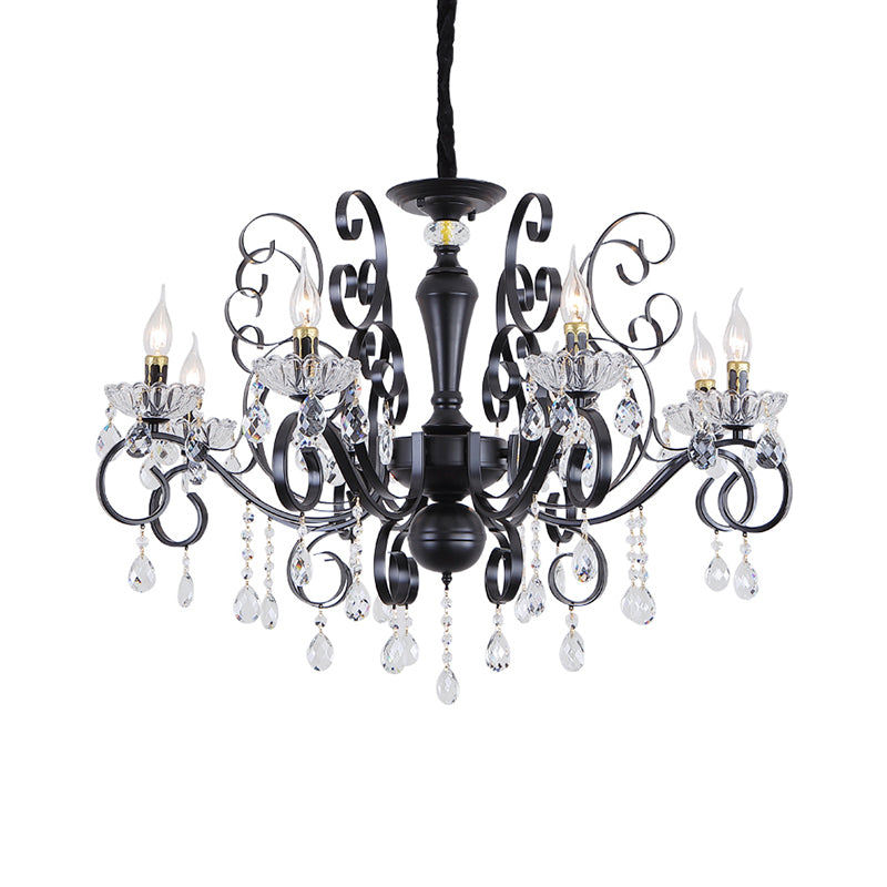 Clear Crystal Candelabra Suspension Pendant Traditional 6/8 Bulbs Parlor Chandelier with Droplets and Black Scroll Arms Clearhalo 'Ceiling Lights' 'Chandeliers' Lighting' options 1432713