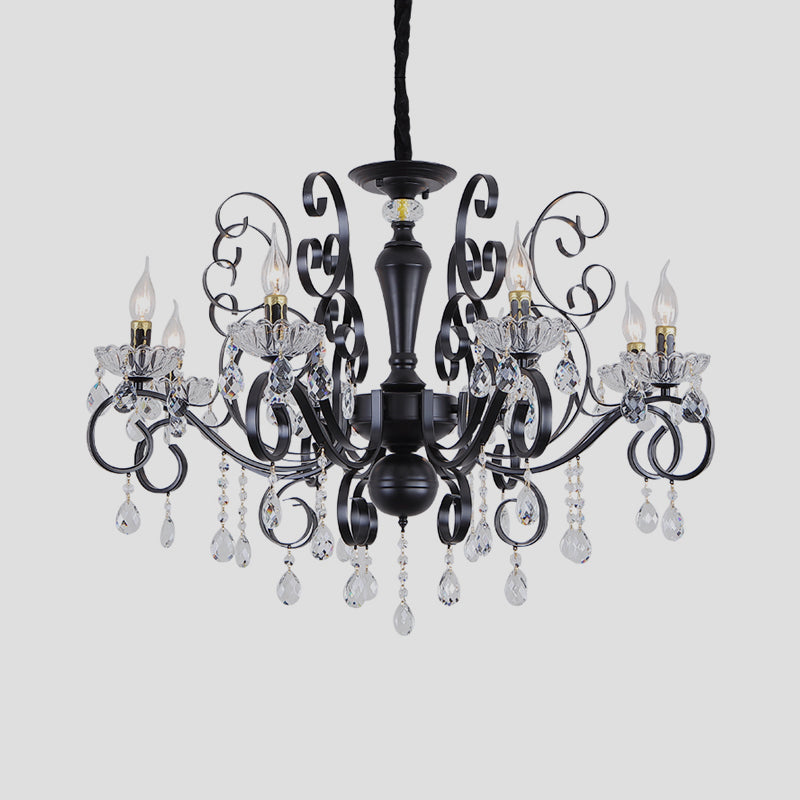 Clear Crystal Candelabra Suspension Pendant Traditional 6/8 Bulbs Parlor Chandelier with Droplets and Black Scroll Arms Clearhalo 'Ceiling Lights' 'Chandeliers' Lighting' options 1432714