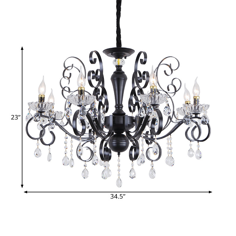 Clear Crystal Candelabra Suspension Pendant Traditional 6/8 Bulbs Parlor Chandelier with Droplets and Black Scroll Arms Clearhalo 'Ceiling Lights' 'Chandeliers' Lighting' options 1432715