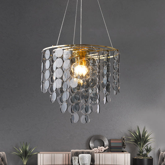 Gold Taper Chandelier Lamp Modern Circular-Crystal Strands 6 Heads Great Room Hanging Light Fixture Gold Clearhalo 'Ceiling Lights' 'Chandeliers' 'Modern Chandeliers' 'Modern' Lighting' 1432716