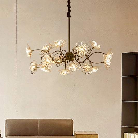 Bronze 16 Bulbs Chandelier Lighting Contemporary Metal Floral Pendant Light Kit with Crystal Beads Bronze Clearhalo 'Ceiling Lights' 'Chandeliers' 'Modern Chandeliers' 'Modern' Lighting' 1432720