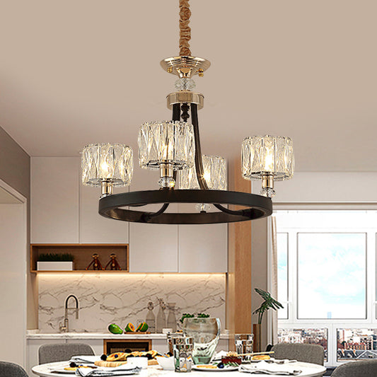 4 Heads Ring Hanging Lamp Kit Modern Black Metal Pendant Chandelier with Clear Crystal Drum Shade Black Clearhalo 'Ceiling Lights' 'Chandeliers' 'Modern Chandeliers' 'Modern' Lighting' 1432731