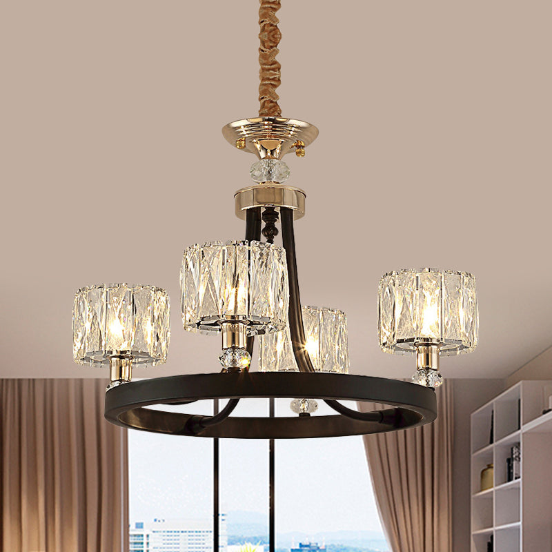 4 Heads Ring Hanging Lamp Kit Modern Black Metal Pendant Chandelier with Clear Crystal Drum Shade Clearhalo 'Ceiling Lights' 'Chandeliers' 'Modern Chandeliers' 'Modern' Lighting' 1432732