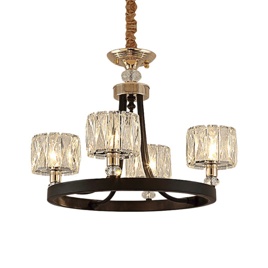 4 Heads Ring Hanging Lamp Kit Modern Black Metal Pendant Chandelier with Clear Crystal Drum Shade Clearhalo 'Ceiling Lights' 'Chandeliers' 'Modern Chandeliers' 'Modern' Lighting' 1432733